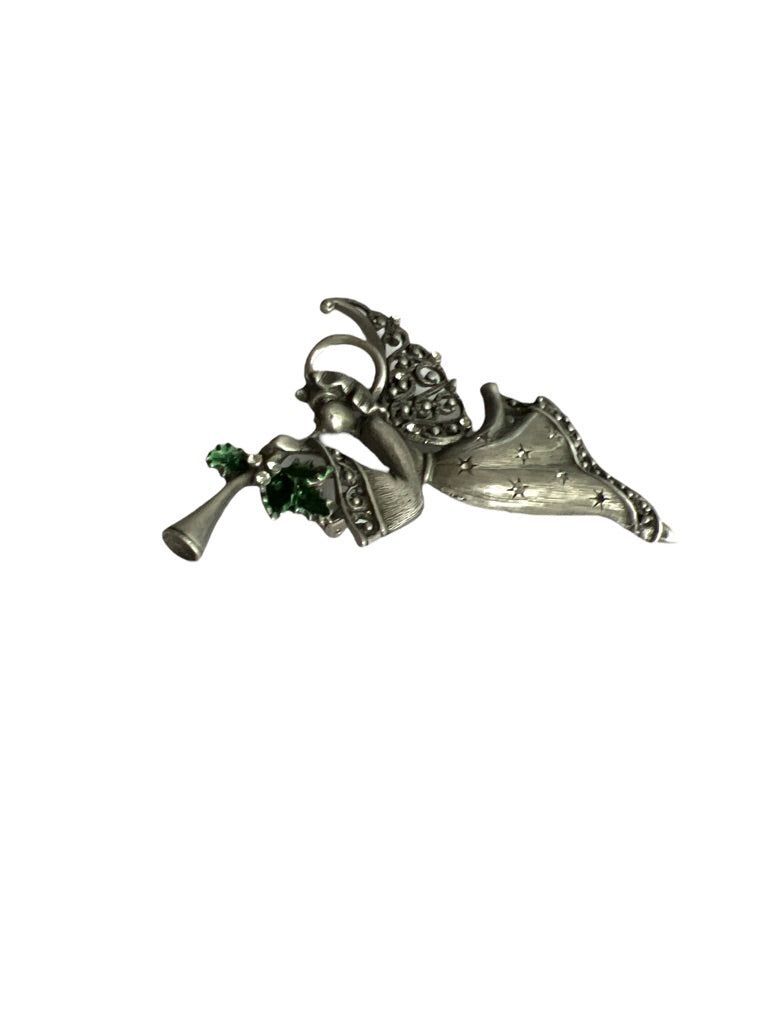 Jonette JJ Pewter Angel Brooch With Holly and Trumpet