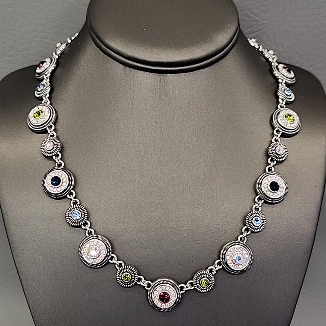 Vintage Lia Sophia Colorama Necklace Seltzer AB Rhinestones Round Linked 19″