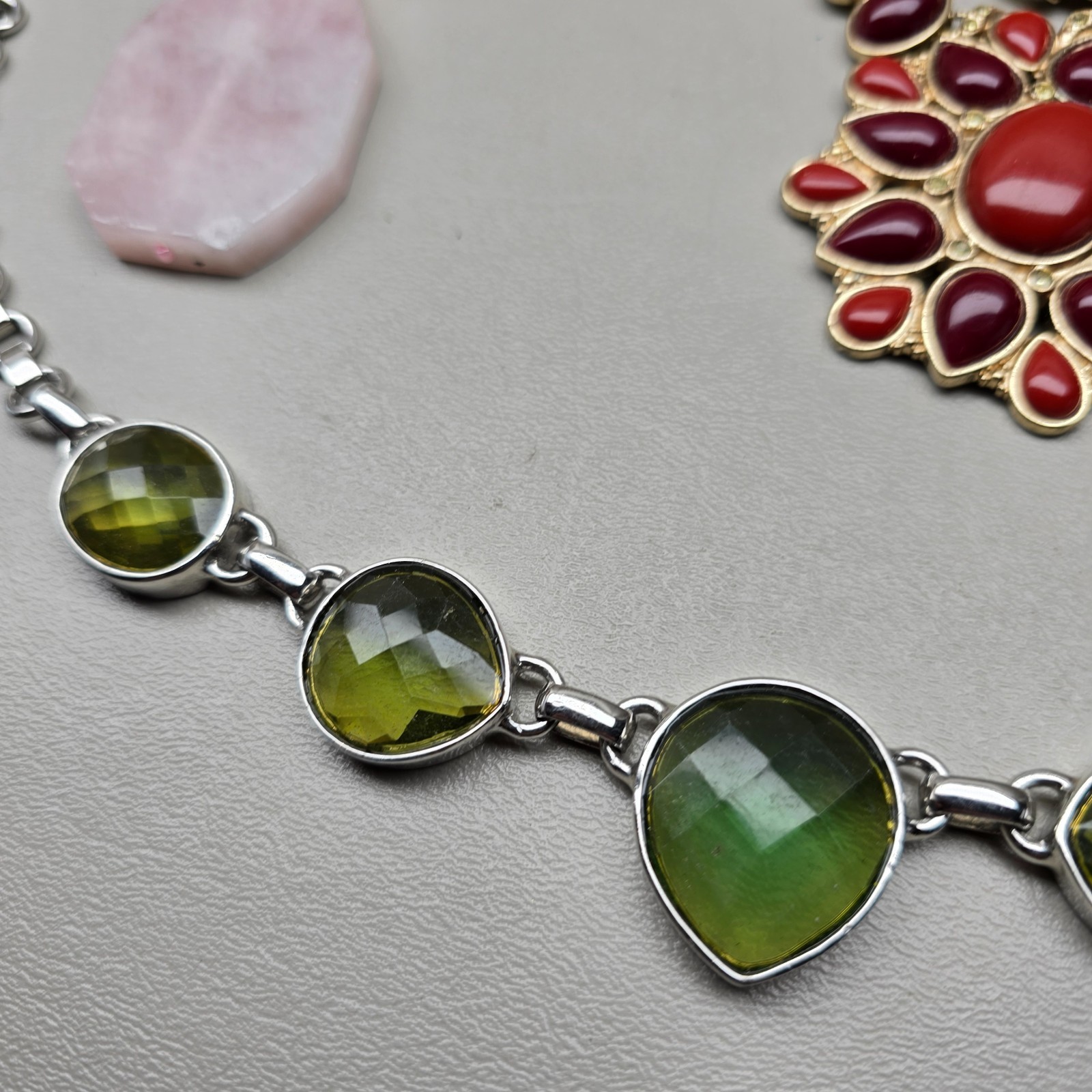 Statement Necklace Lot Pink Stone Red Bib Green Faceted Gold Tone Jewelry