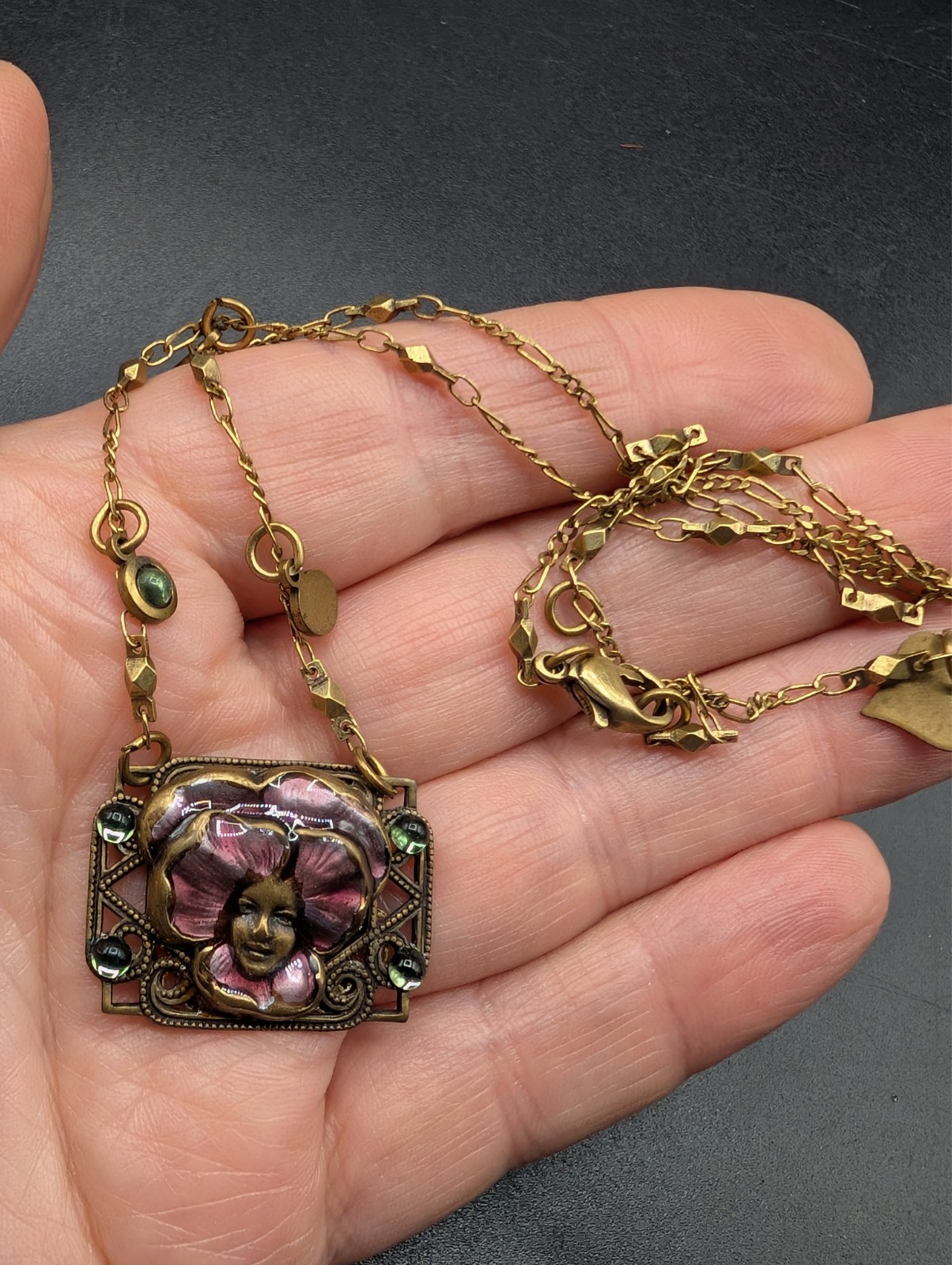 Vintage Glass Works Studio Art Nouveau Style Fairy Face Brass Finish Necklace