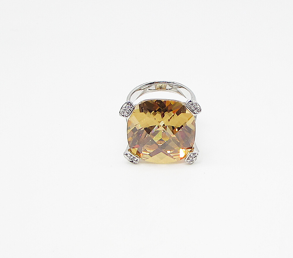 925 Sterling Silver Citrine & White Cubic Zirconia Cocktail Ring Sz 7 RG3441