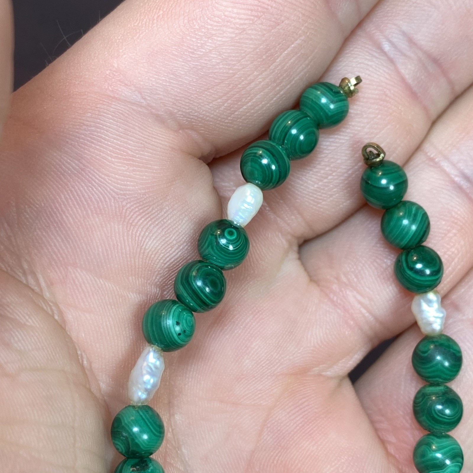 VTG Round Malachite Beads (No Clasp) Fresh Water Pearls Segment Bracelet 6-3/8”