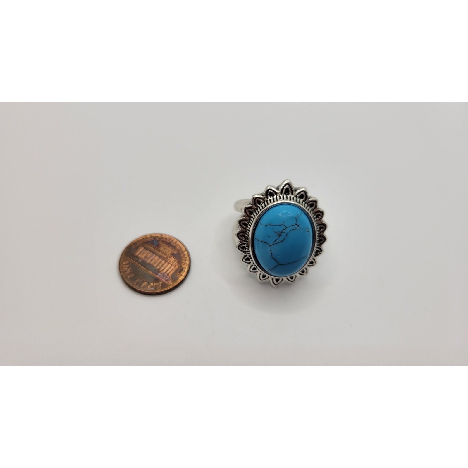 Blue Stone Faux Turquoise Cabochon Statement Ring Dyed Howlite Silver Plated