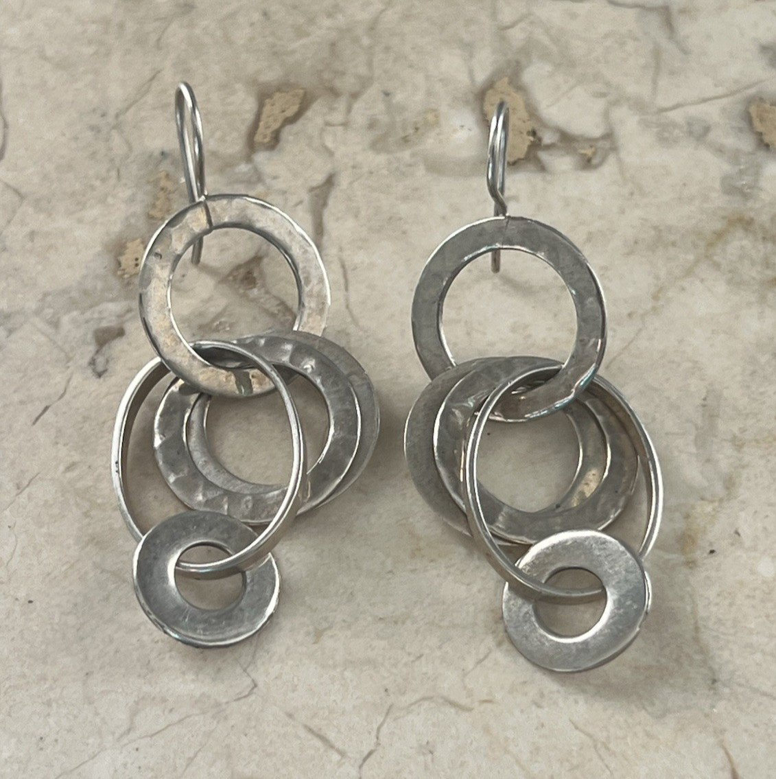 Vintage Sterling 9225 Multi Circle Hoop Dangle Drop Earrings 2 1/4″