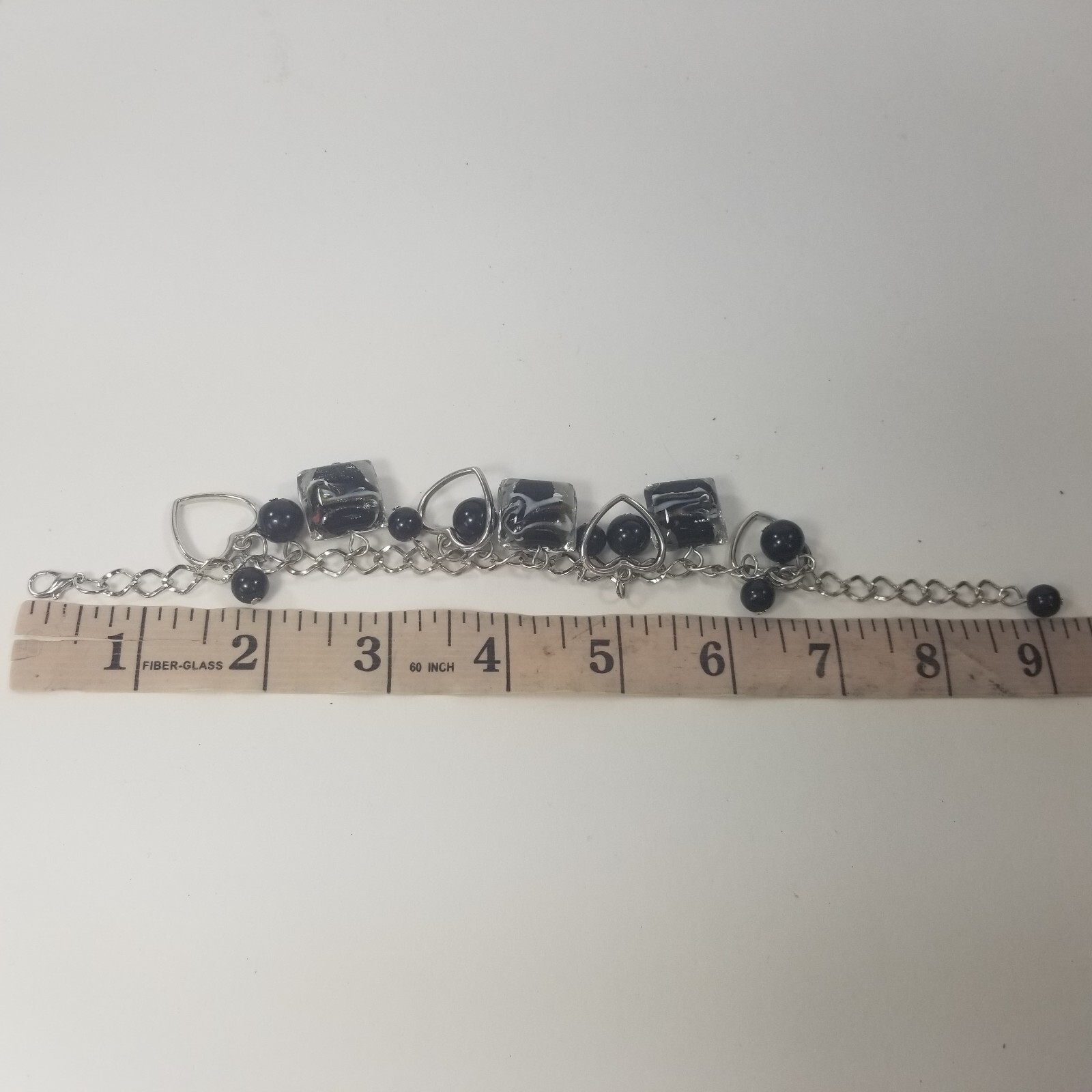 Charm Bracelet Black Silver Tone Heart Glass Bead Dangle 7-9″