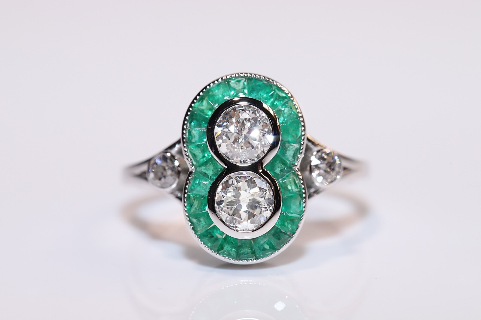 New Made 18k Gold Natural Old Cut Diamond And Caliber Cut Emerald Ring