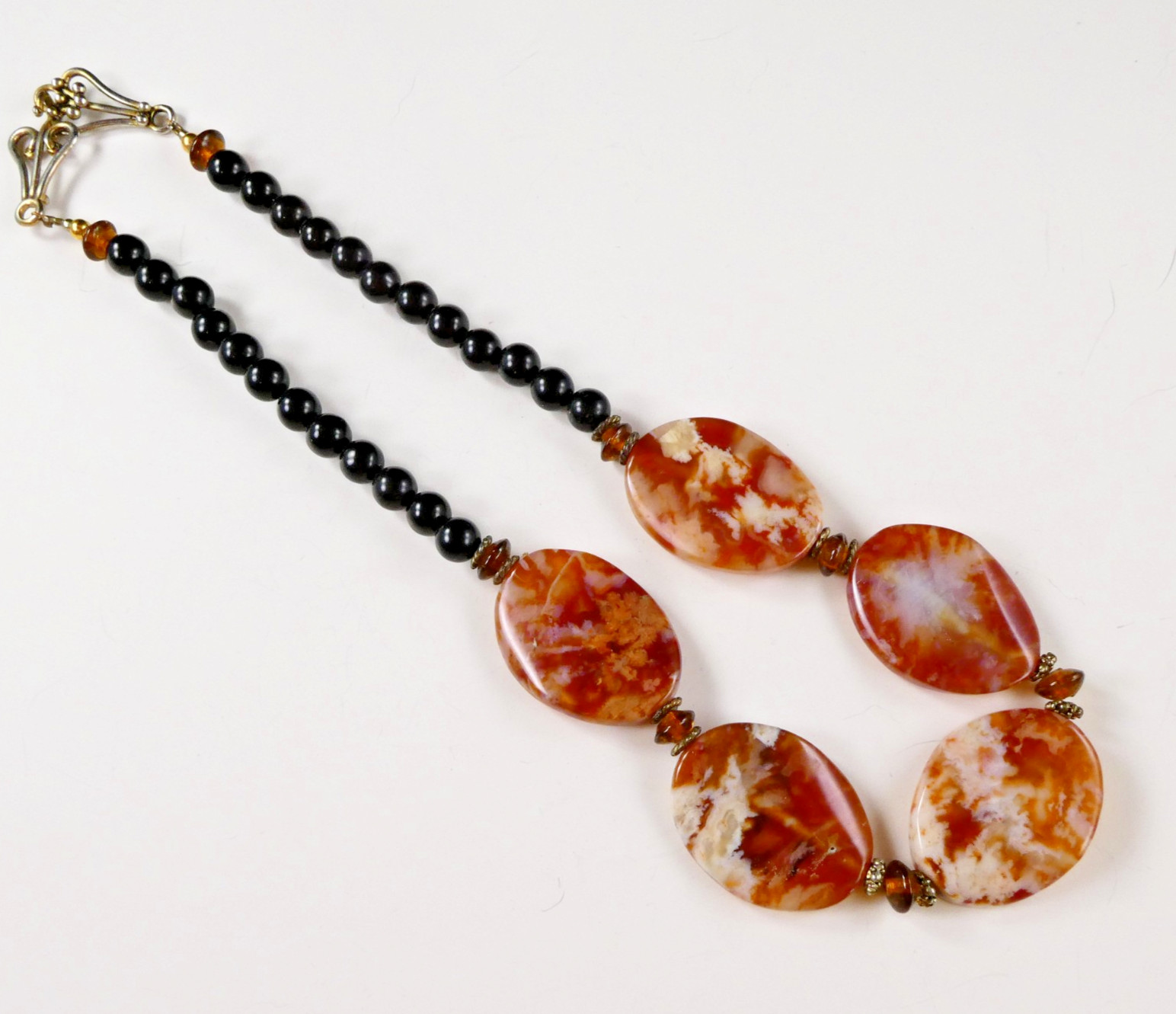 Brown Marbled Agate Stone Necklace Earthtones Black Beads 19″ Length