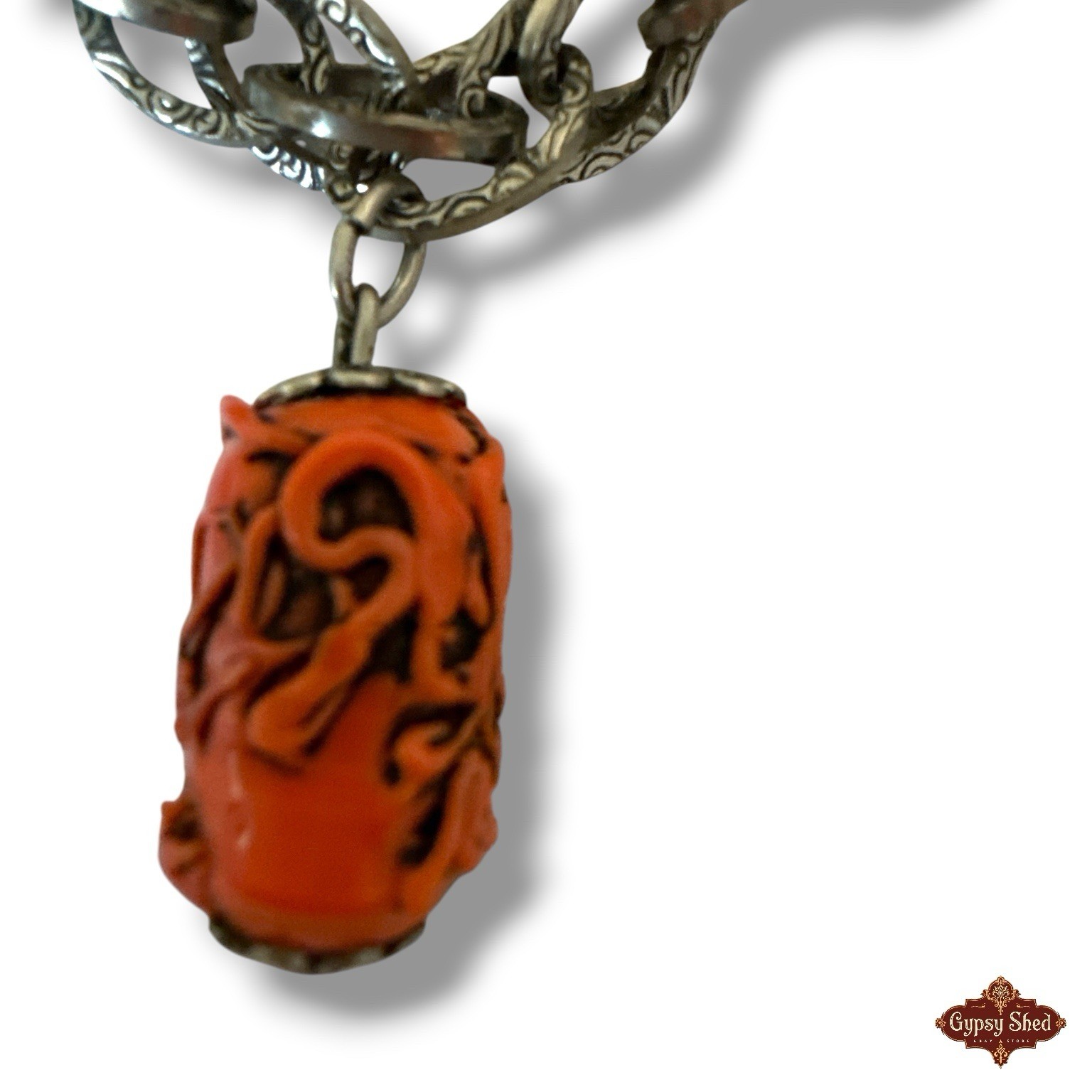 Rare Etruscan Revival Chunky Charm Bracelet Heart Cameo Silver Tone Cable Link