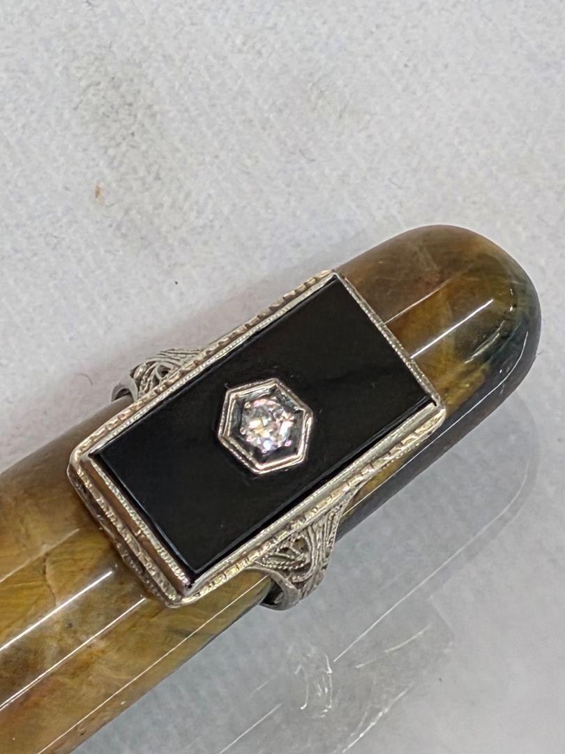 Victorian 14k White Gold Filigree Diamond & Black Onyx Ring Size 4.75