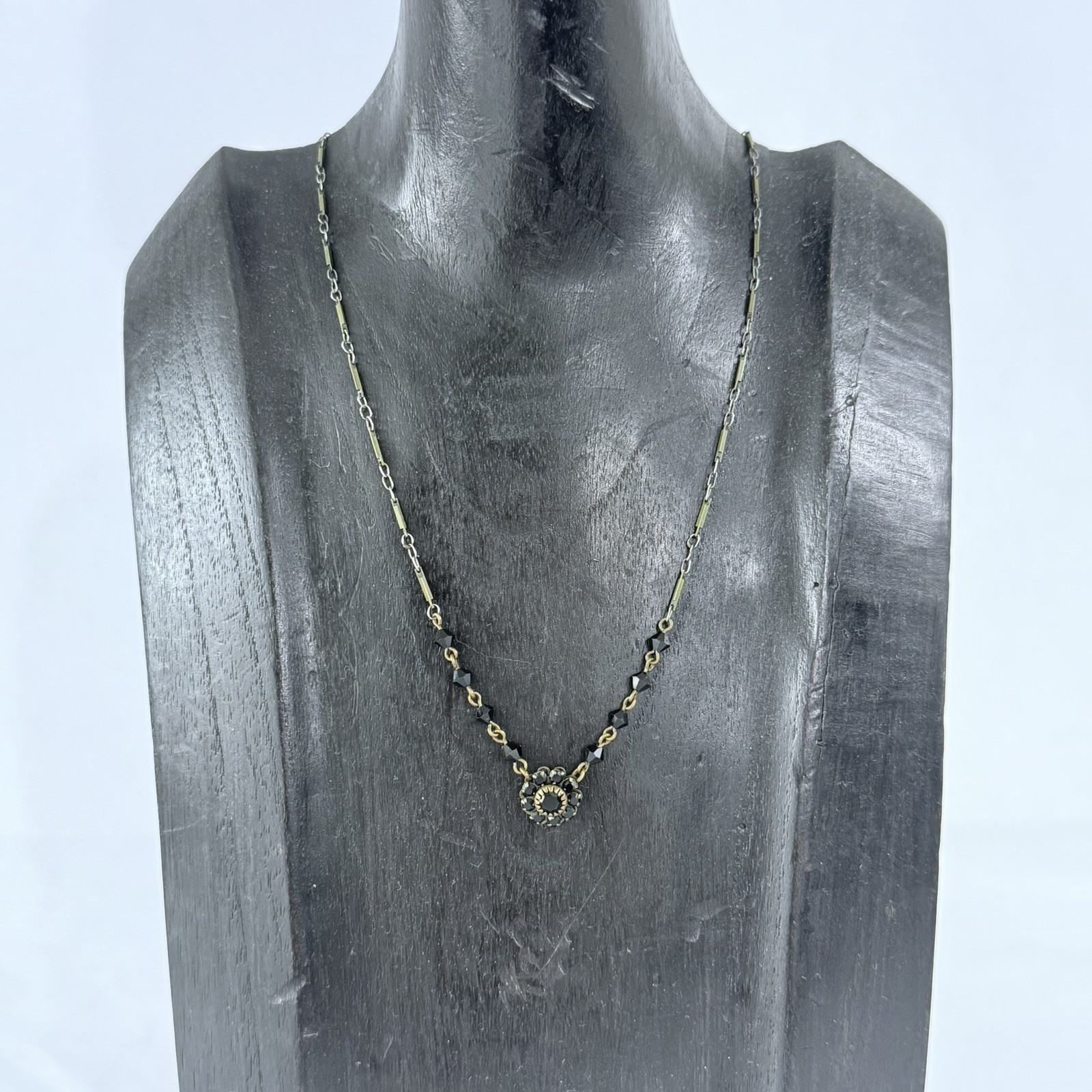 Vintage LIZ PALACIOS SF Dainty Black Rhinestones Gold Tone Bar Link Chain 16.5in