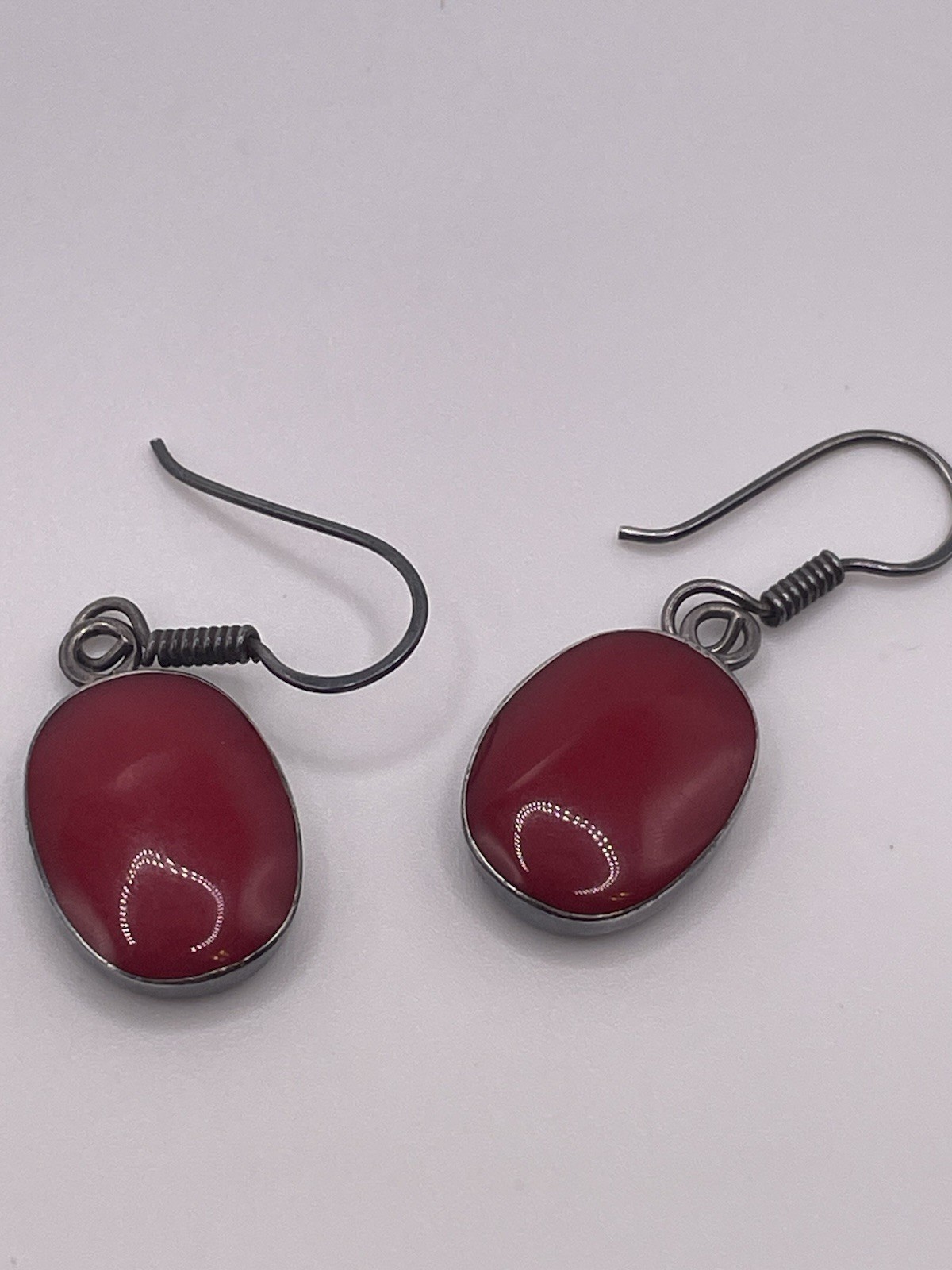 Vintage MEX 925 Sterling Silver Red Cabochon Dangle Earrings Mexico