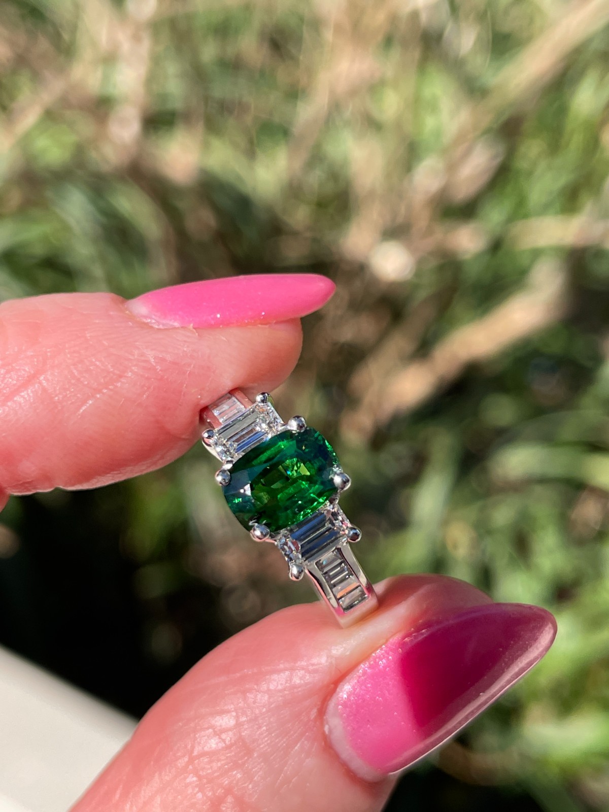 Vintage GIA 2.46ctw Natural Green Cushion Cut Tsavorite Diamond Platinum Ring