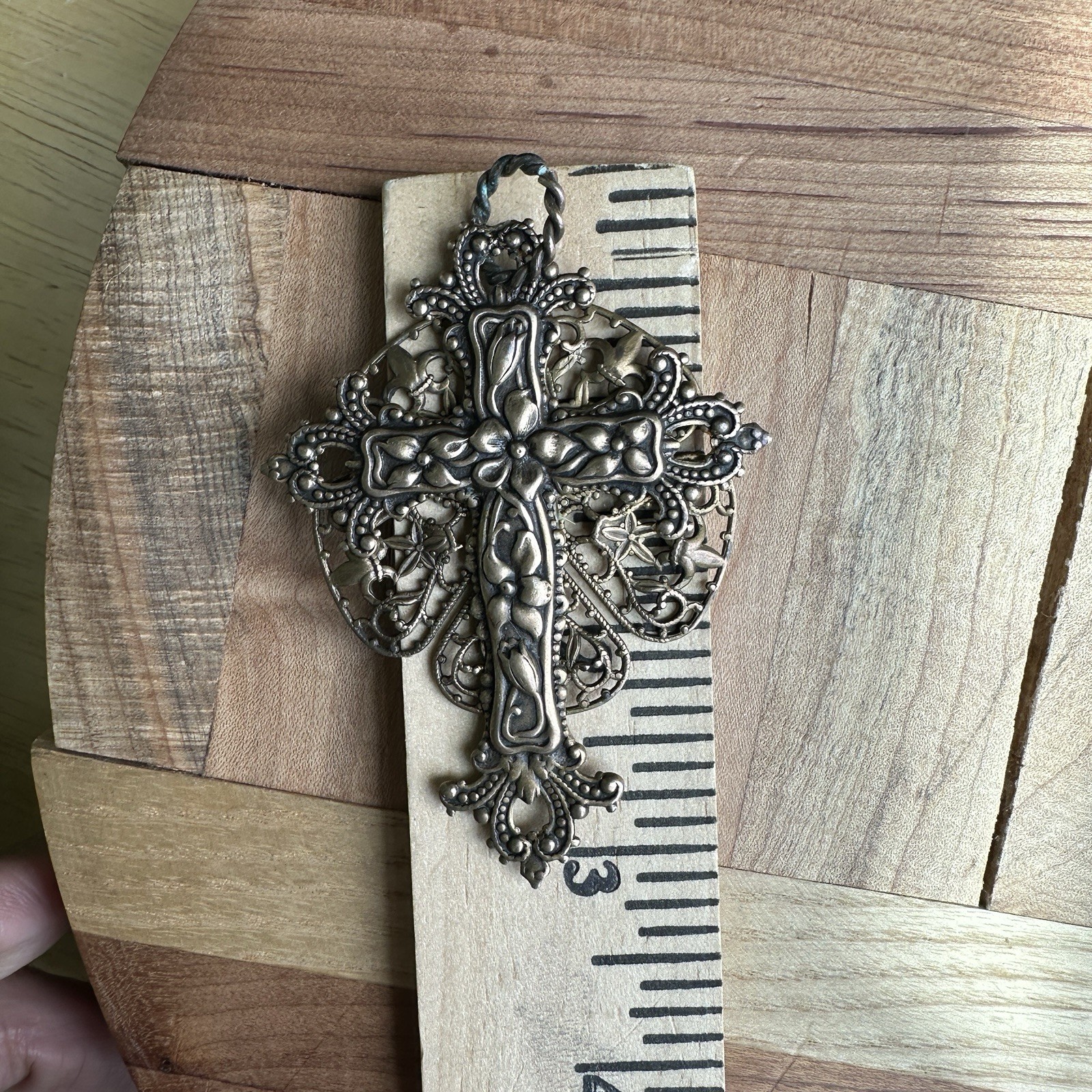 Vintage Christian Cross Pendant 3 Inch Ornate Brass Victorian Style Filigree