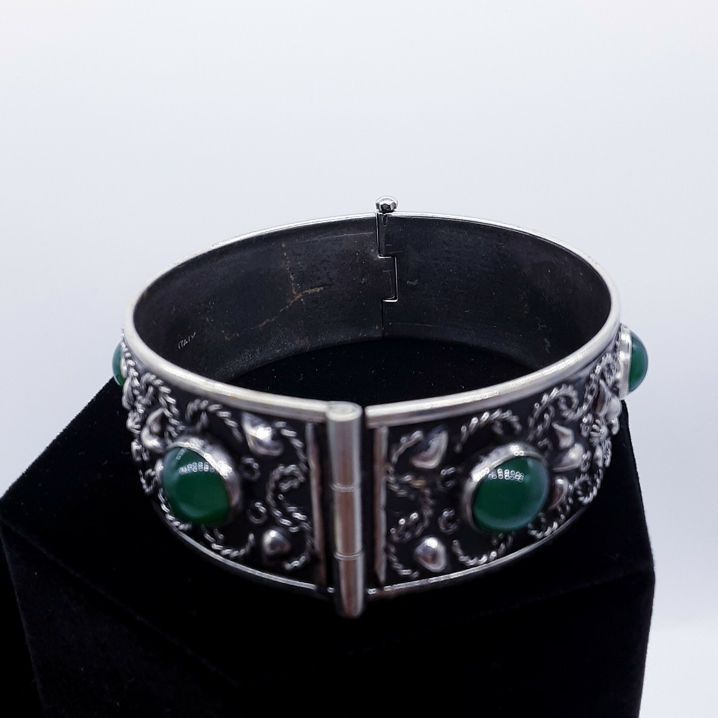 Vintage Set ornate Silver Clasp Bracelet w/ Safety Chain & brooch Italy