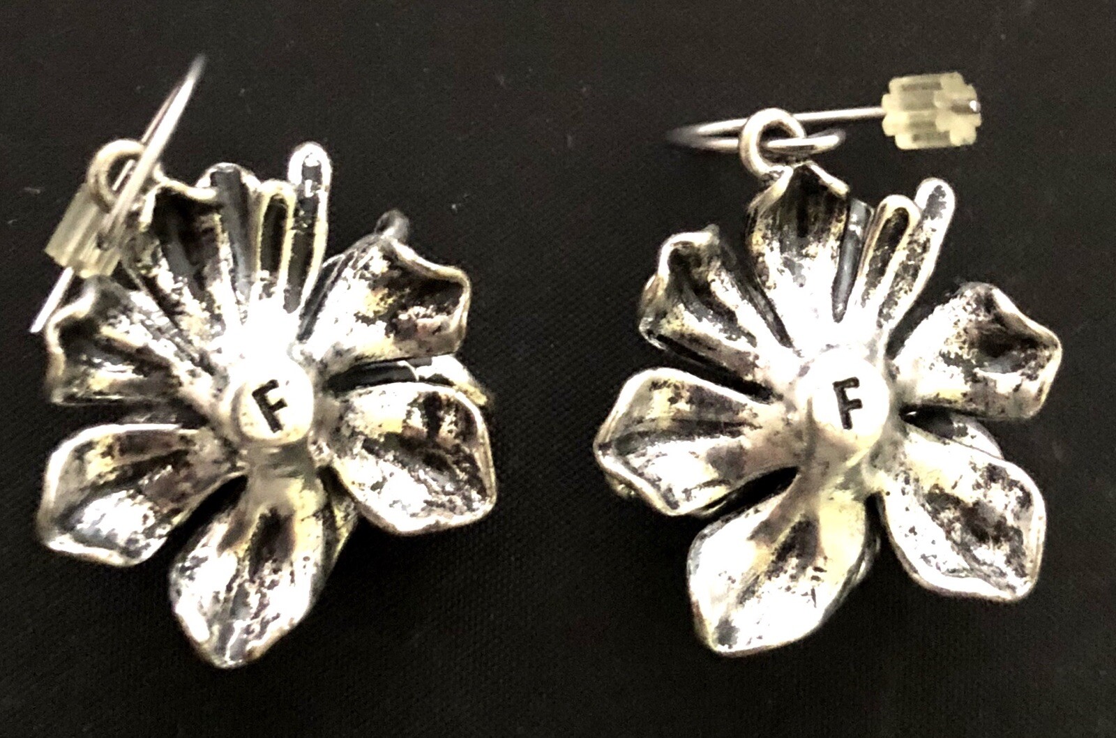 VINTAGE/MODERN- SIGNED F – RHINESTONE & SILVER TONE STERLING OR PEWTER? EARRINGS