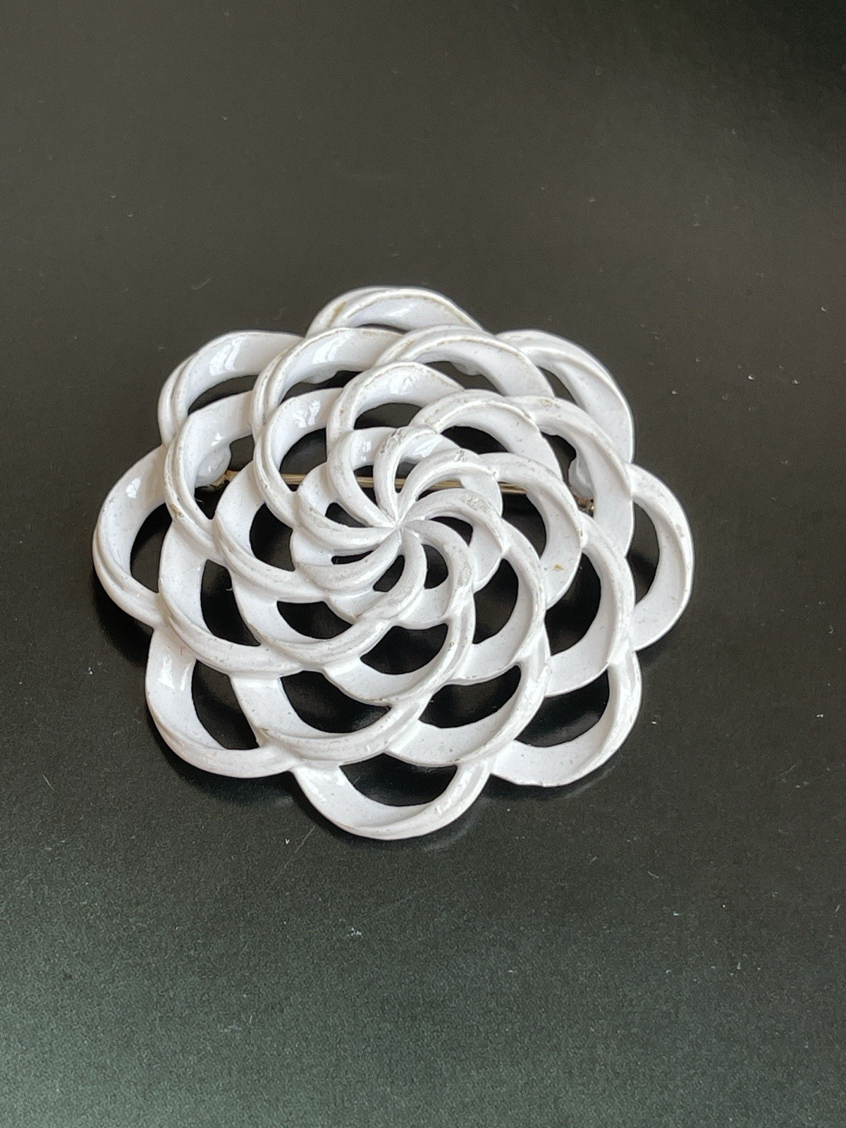 Vintage Signed Trifari White Enamel Spiral Brooch