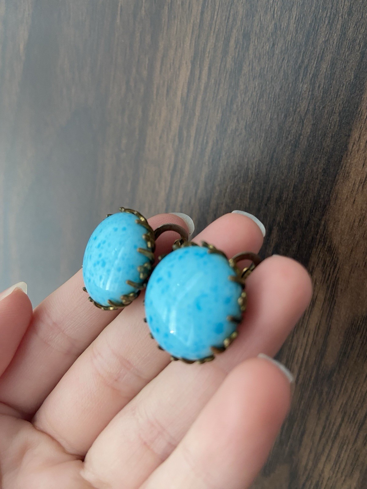 Vintage Miriam Haskell Blue Glass Gold Tone Screw Back Earrings