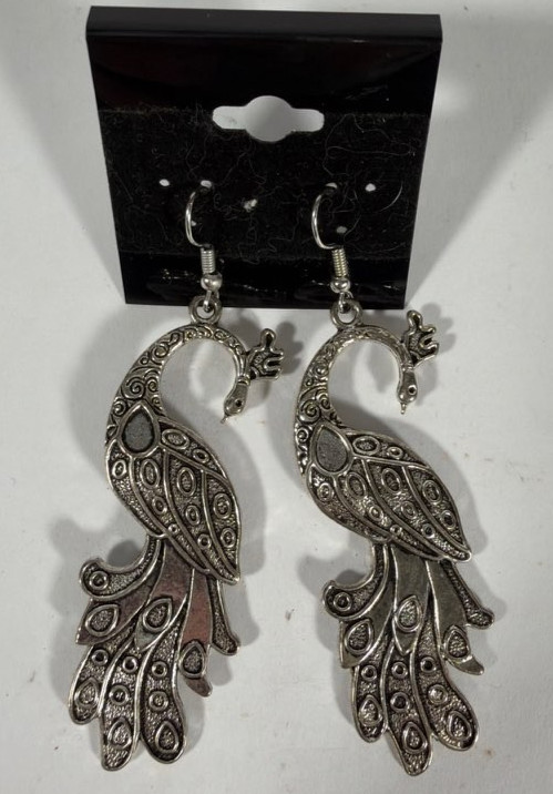 Dangle Drop Silver Tone Peacock Pierced Hook Earrings