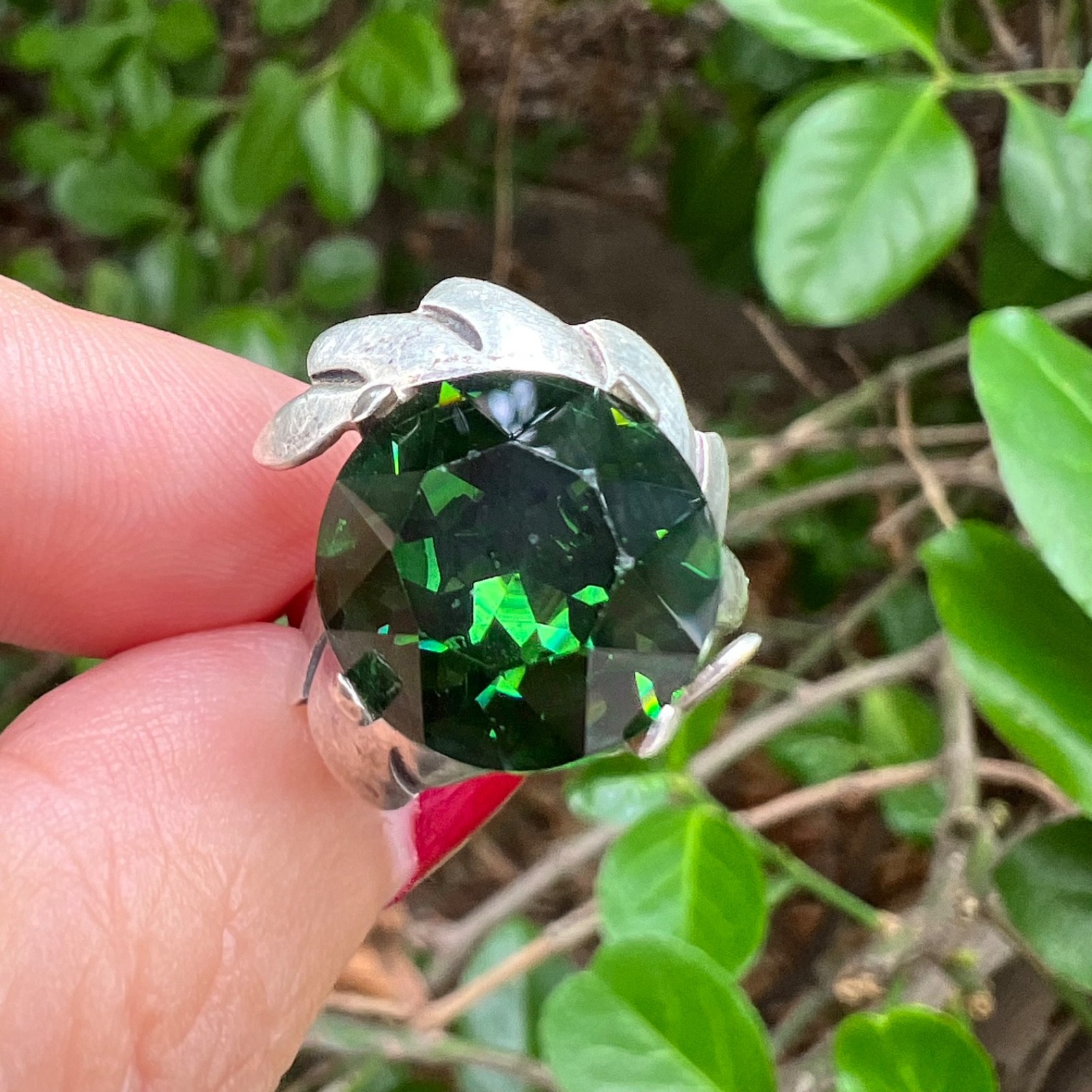 VINTAGE LARGE ROUND GREEN PASTE GLASS RHINESTONE RING 925 STERLING SLVER MEXICO