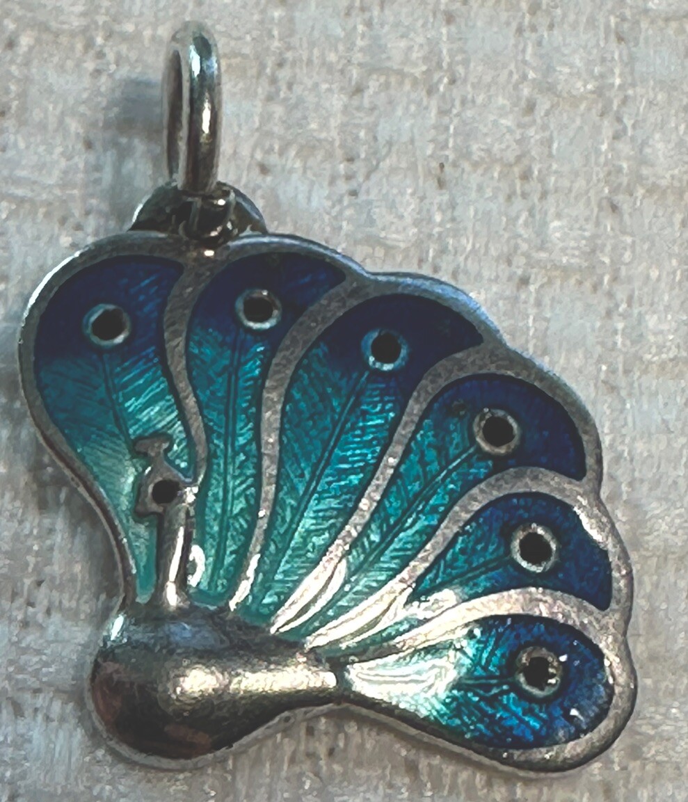 Ramirez 980 Silver Peacock Blue Guilloche Enamel Charm/Pendant & Post Earrings