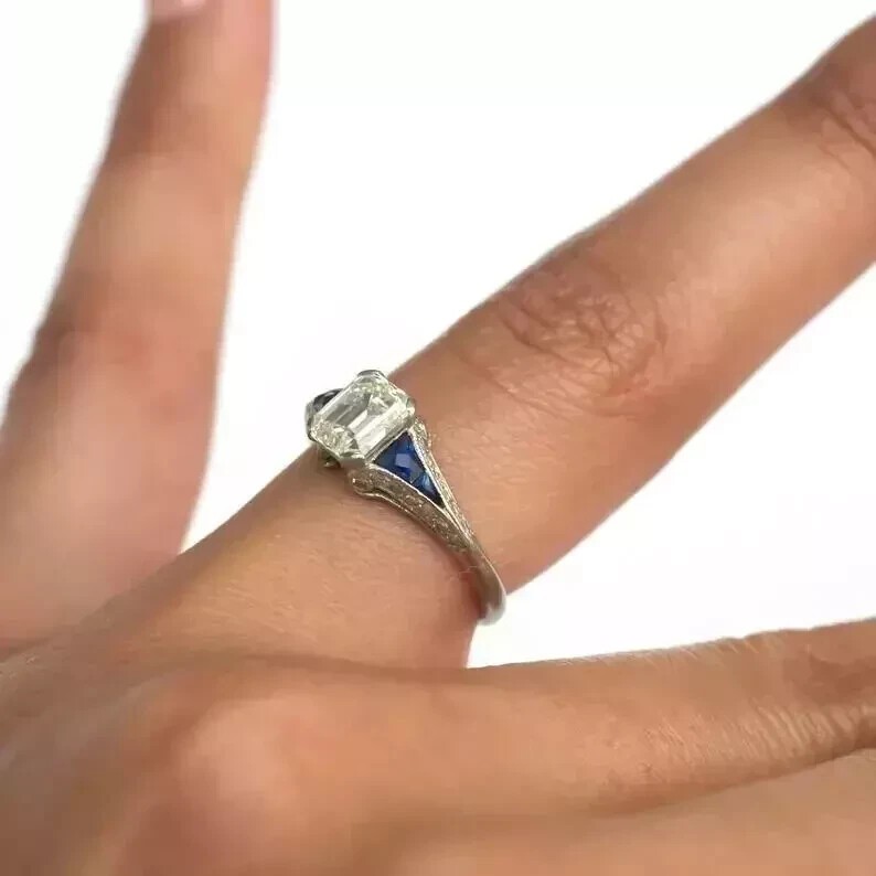 Art Deco Emerald Cut Lab Created Diamond Engagement Ring 14K White Gold FN