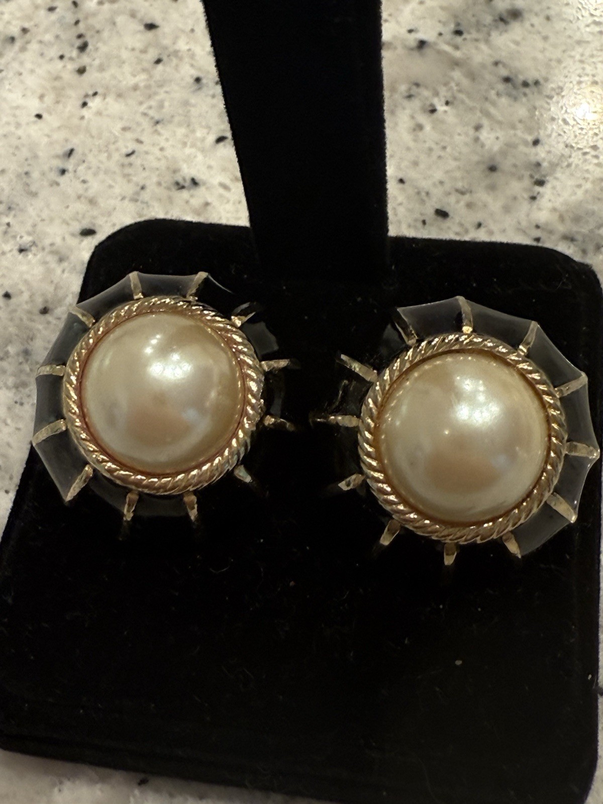 Vintage Gay Boyer Signed Black Enamel Faux Pearl Clip On Earrings Art Deco