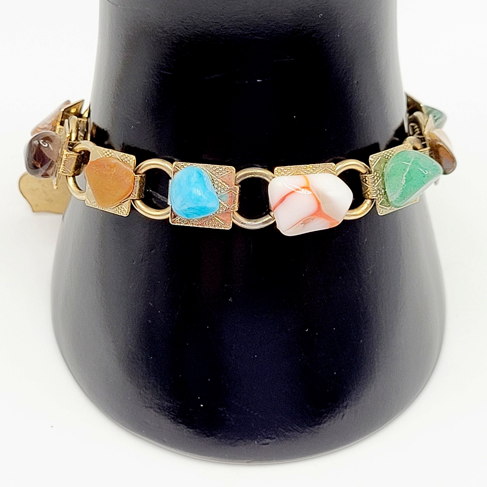 Souvenir Louisiana Natures Worldwide Polished Gemstones Gold Tone Vtg Bracelet