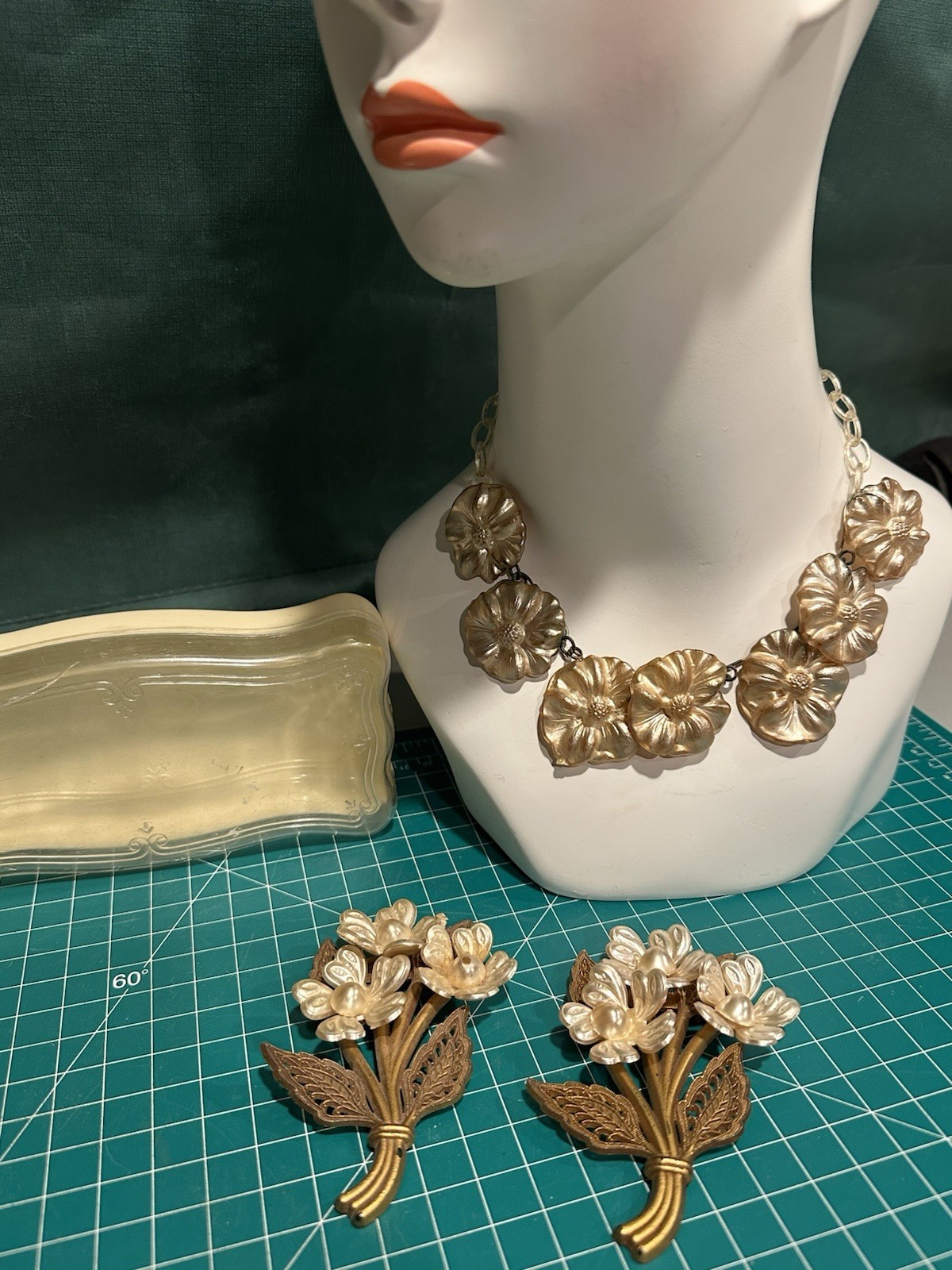 Vintage Ivory Gold Celluloid Floral Necklace 2 Brooches Pins Set Estate Jewelry