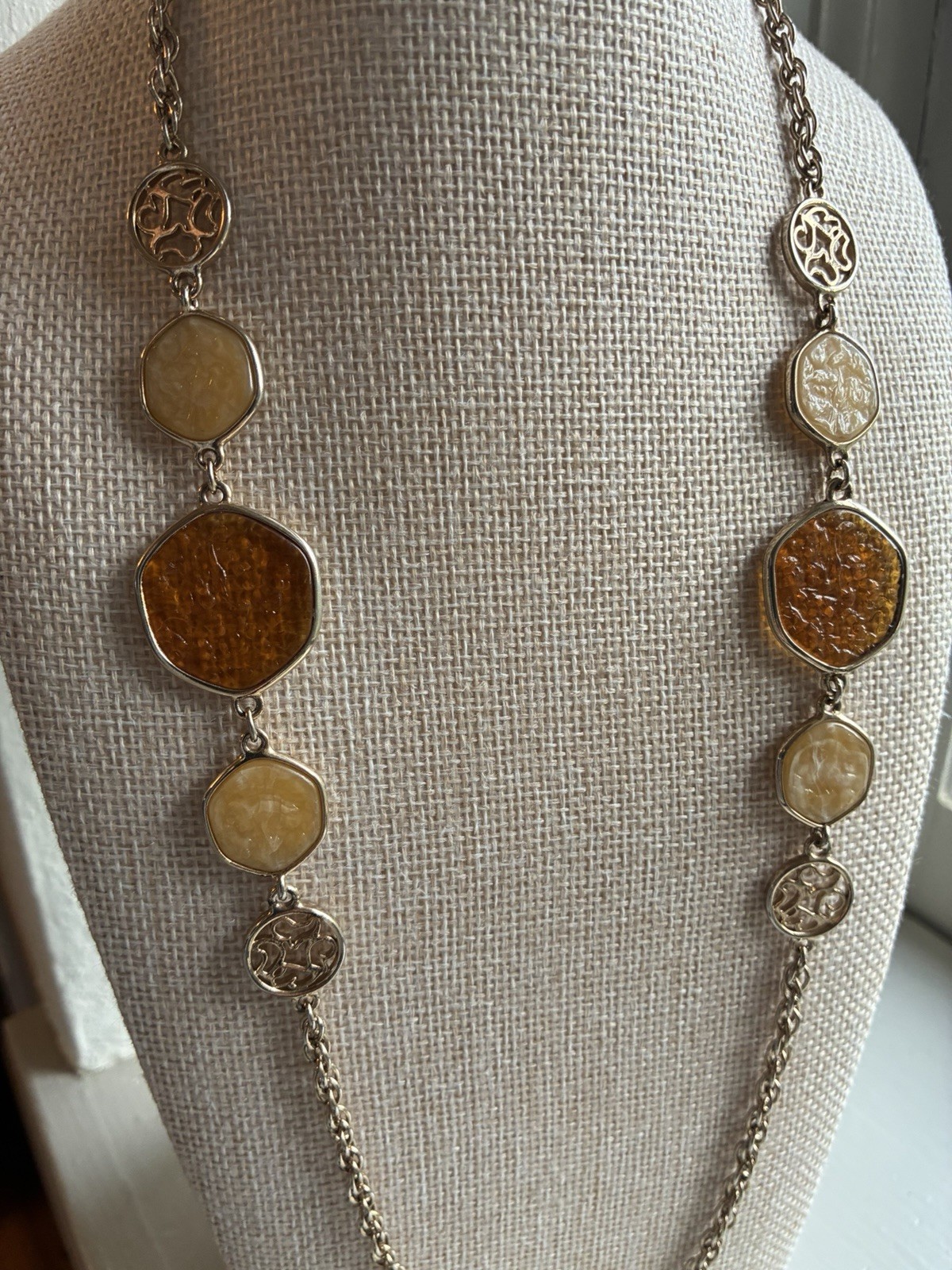 Sarah Coventry Taste of Honey Necklace Gold Tone Chain Amber Discs Signed 37 in