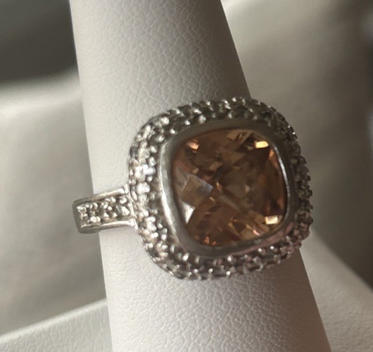 VTG Cushion Cut Citrine Halo Set W/ Rhinestones Silver Ring Size 8 Beauty