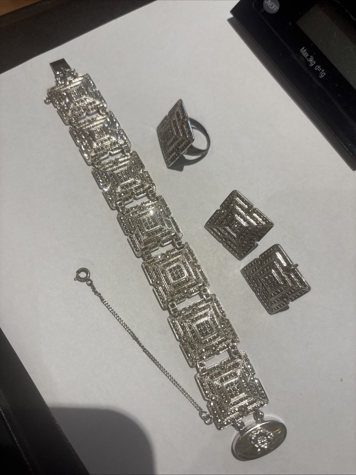 Vintage Art Deco Sterling Marcasite Bracelet & Ring & Earrings Set 64 Grams