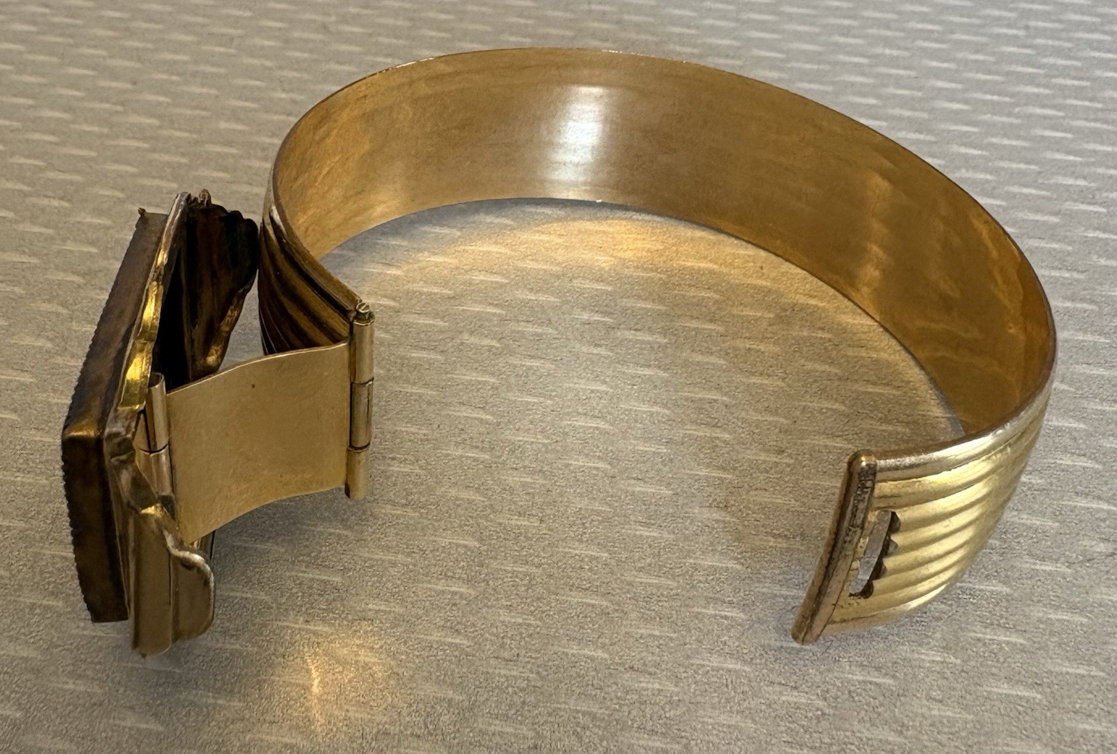 Art Deco Signed MARSH Gold Plate Bangle Snap Open Hidden Secret Locket Bracelet