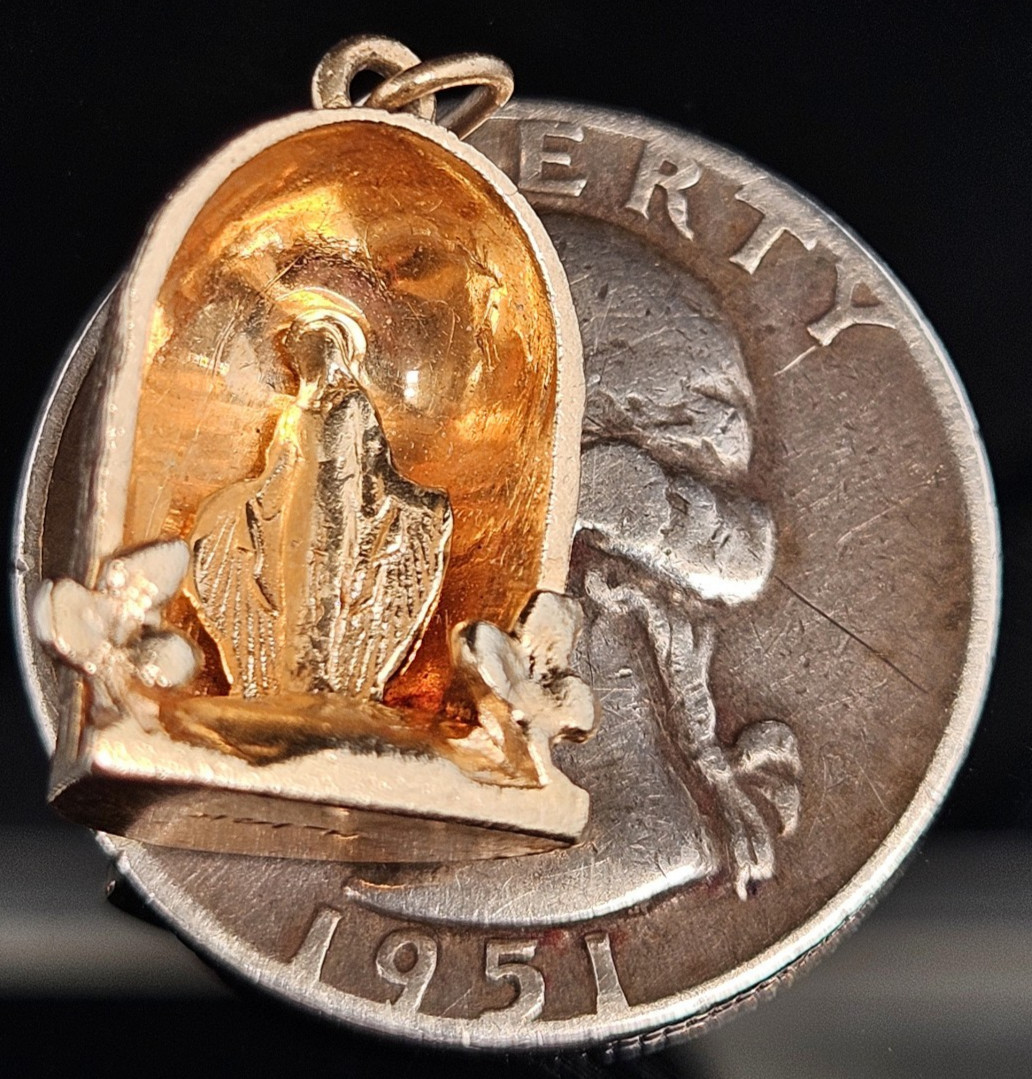 14K Gold OUR LADY OF LOURDES MEDAL VIRGIN MARY Charm Pendant Religious Grotto