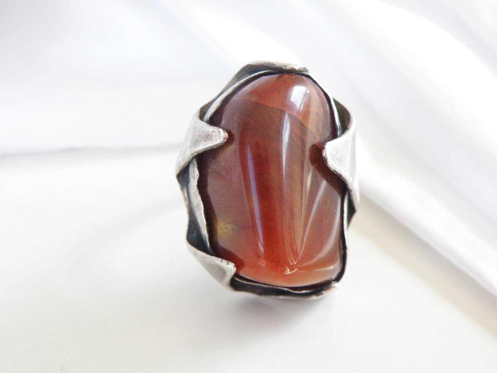 Vintage Sterling Silver 925 Banded Agate Brutalist Modernist Statement Ring 7