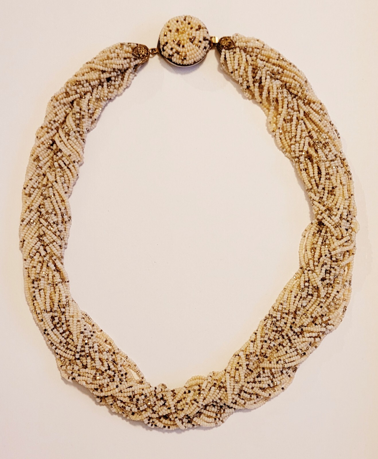 Beautiful Vintage Multi-strand Ivory and Gold Seed Bead Necklace