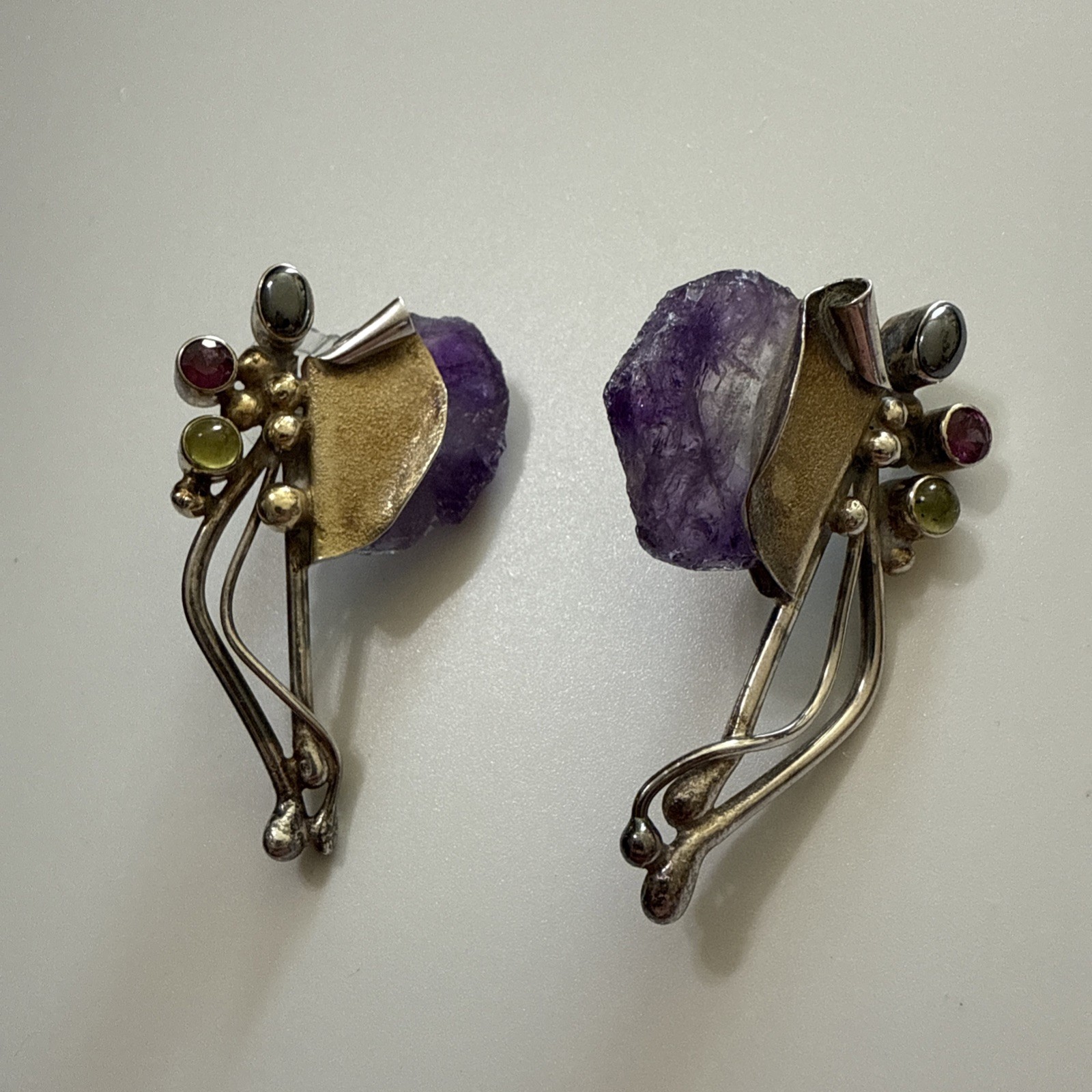 Vintage Artisan Amethyst Geode Sterling Silver Pierced Earrings