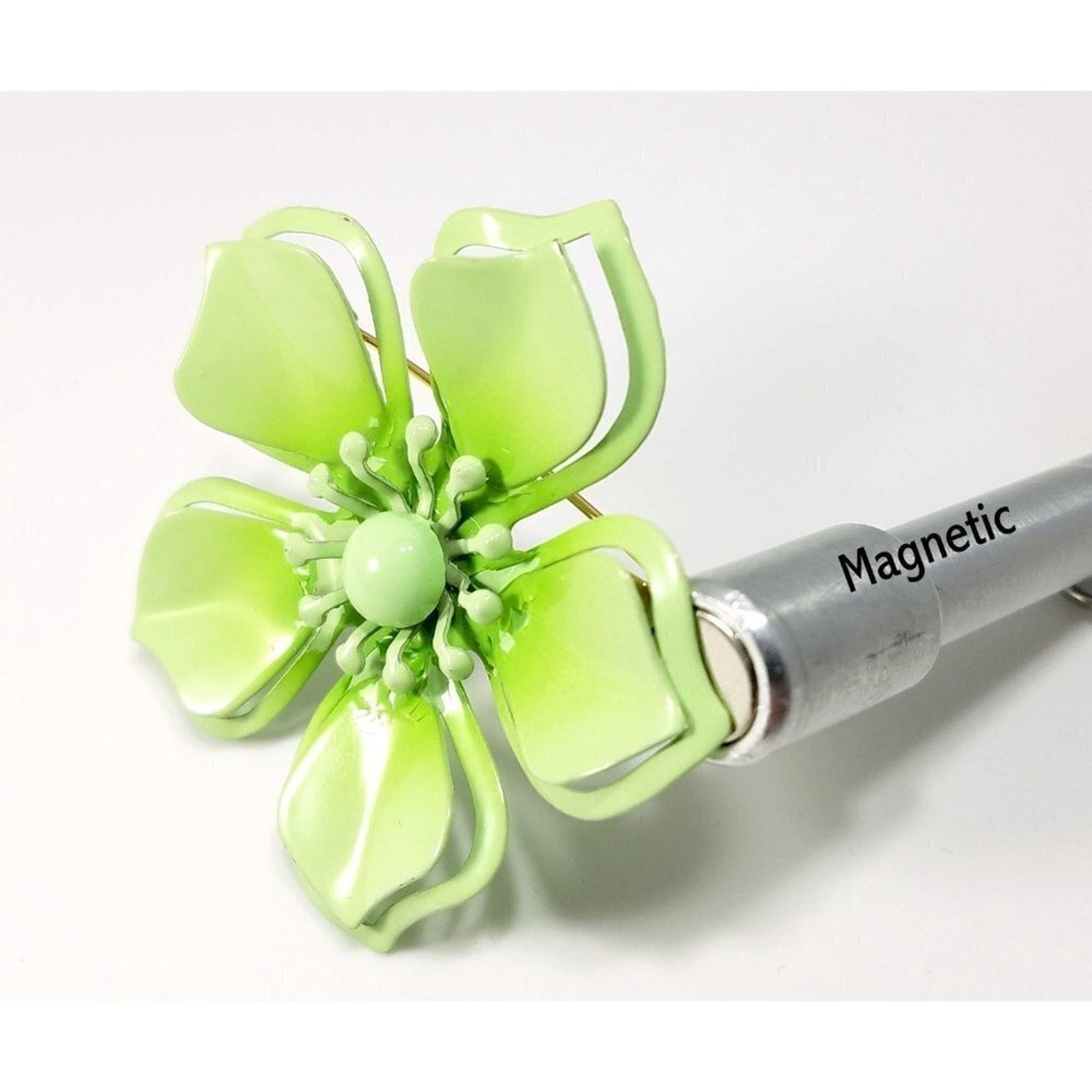 Vintage Light Green Flower Brooch, Enamel On Metal, 1960s, 2 3/8 Inches