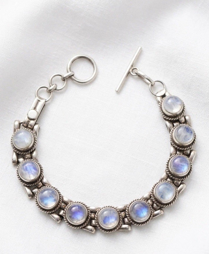Vtg Mexican Sterling Silver Rainbow Moonstone Cabochon Rope Toggle Bracelet