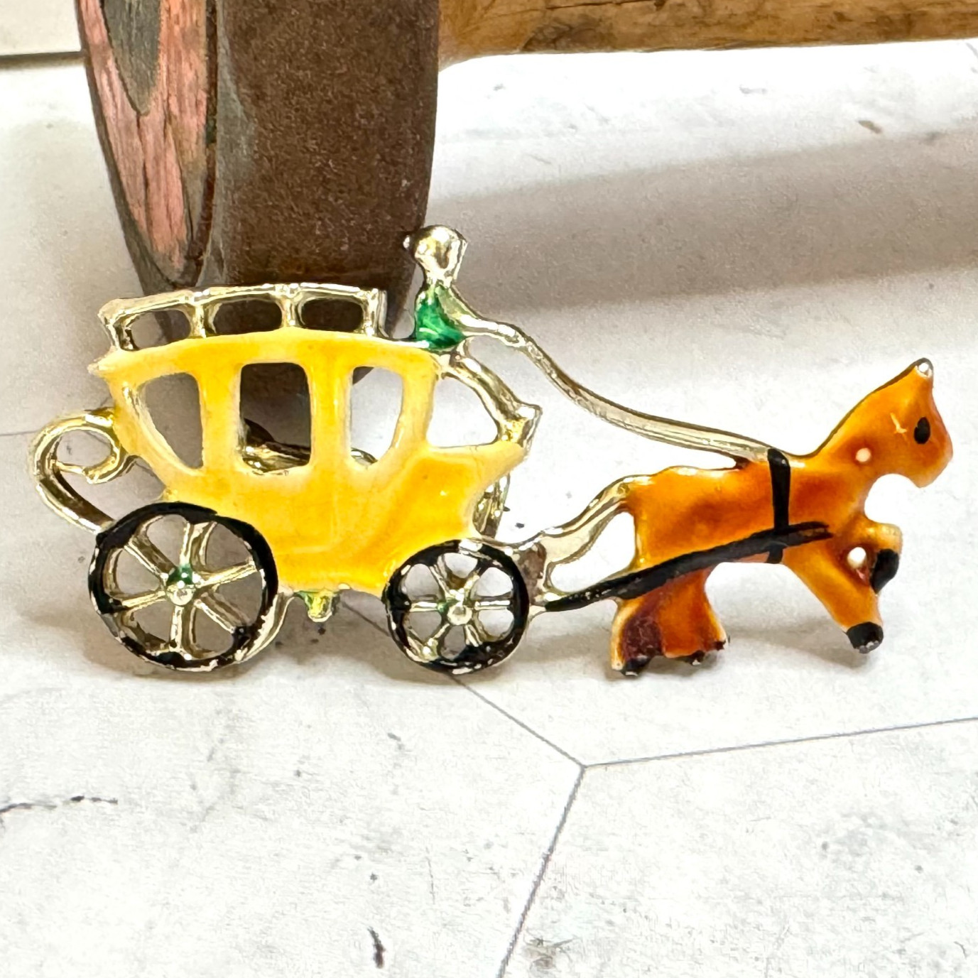 Vintage Brooch Enamel Horse Western Wagon Coach Gold Tone Estate 2″ Pin Dainty