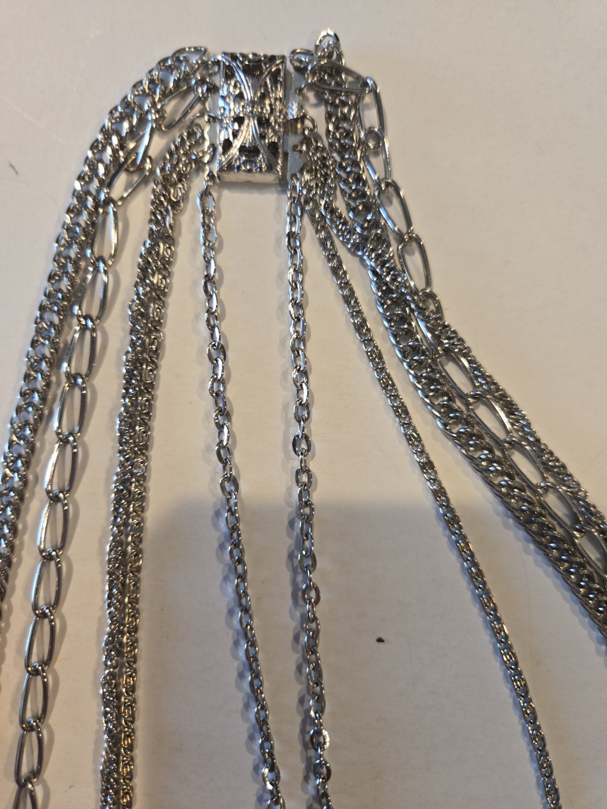 VINTAGE Multi Layer Strand Chain Necklace ROUND LOCKET PENDANT Long SILVERTONE