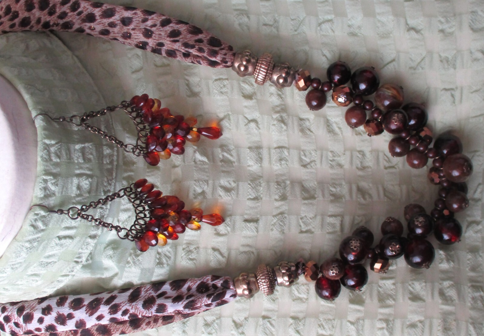 Elegant Golden Brown Aurora Crystal & Acrylic Bead Necklace & Pierced Earrings