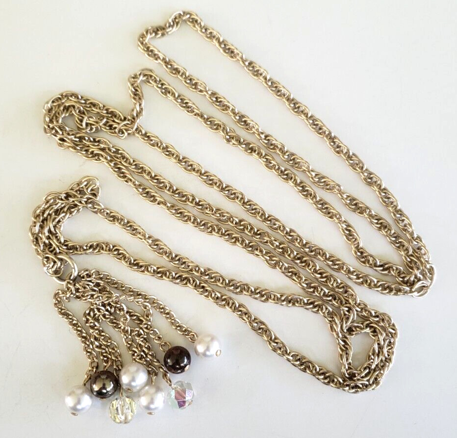 Vintage Bead Tassel Pendant Gold Tone Aluminum Necklace 41″ Clasp Less