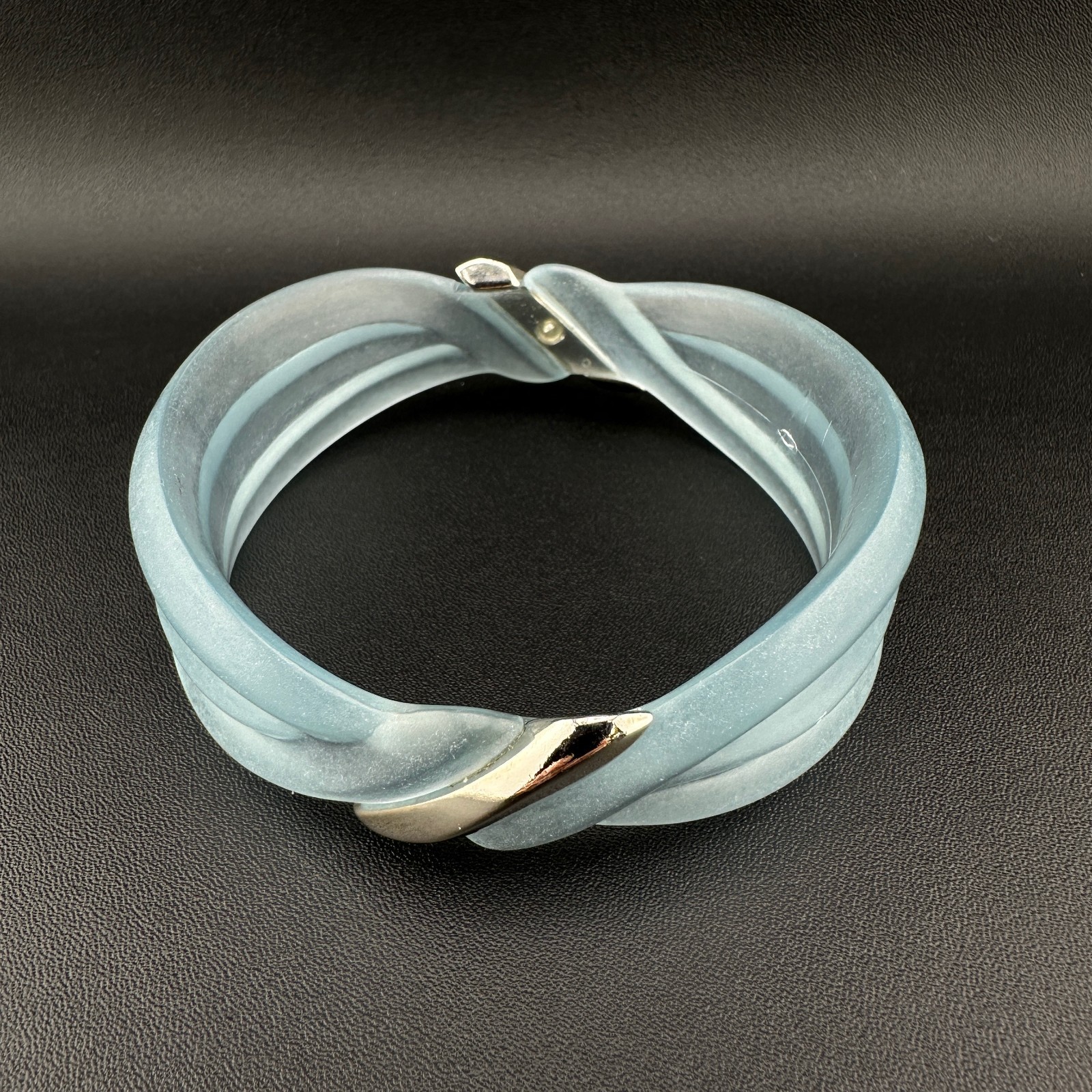 Vintage Lucite Bangle Bracelet Frosted Baby Blue Ribbed Dimensional Wave Signed