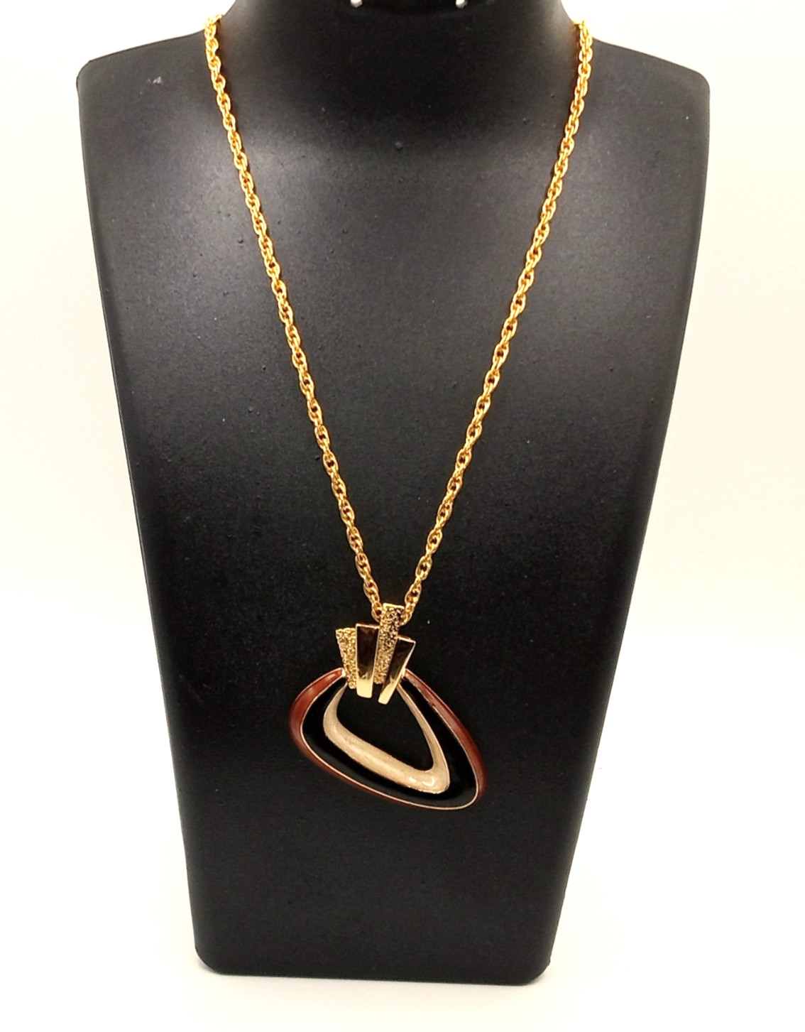 Vintage Orena Paris gold tone black brown enamel pendant necklace signed