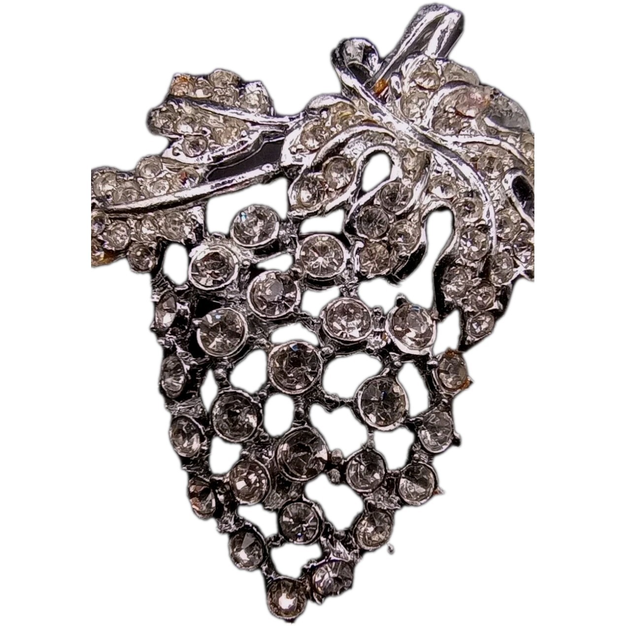 Vintage Rhinestone Grape Cluster Brooch Silver Tone Pin 2 by 1 1/2 in