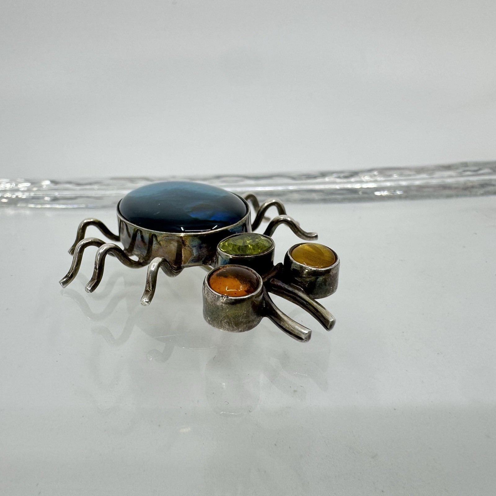 Sterling Silver Multi Stone Paua Abalone Shell Peridot Amber Bug Brooch Pin