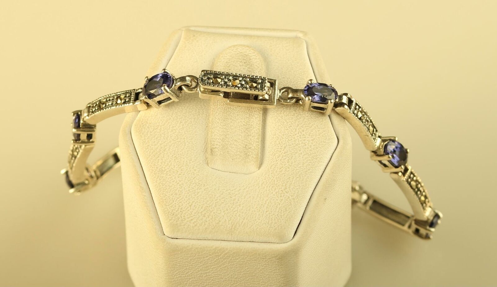 Vintage Sterling 925 CW Charles Winston Amethyst & Marcasite Panel Link Bracelet