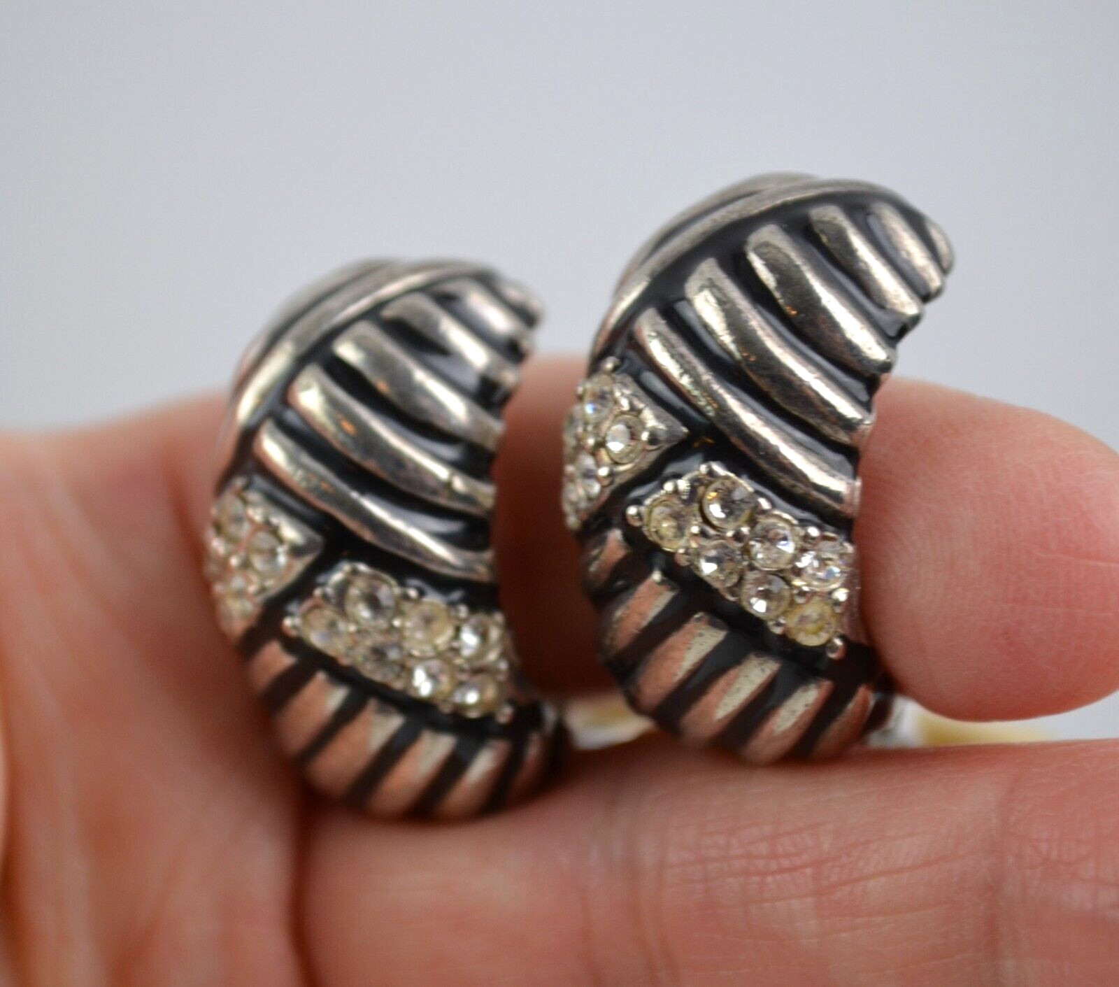 Vintage Silver Tone & Black Clip On Earrings with Clear Rhinestones 1.25″