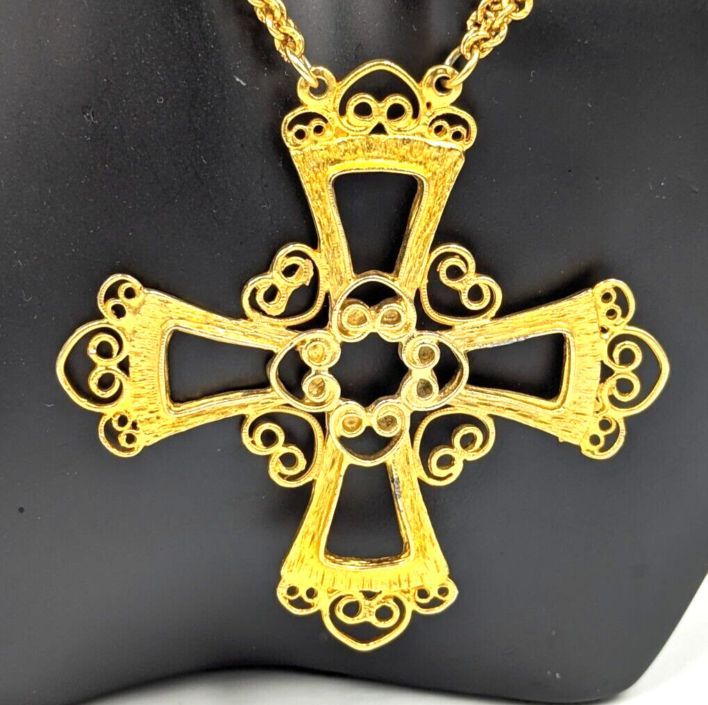 Vintage Statement Filigree Big Cross Necklace Gold Tone Hook Clasp 16″