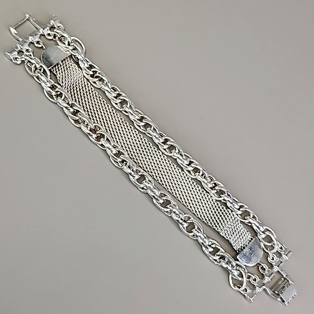 Vintage Mesh Chain Bracelet Silver Tone Layered 6.5″